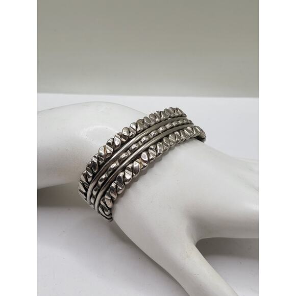 Vintage Heavy Silver Tone Triple Band Textured Metal Cuff Bracelet - Picture 7 of 10